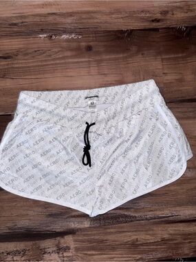 Aeropostale White Logo-Print Sport Shorts with Black Drawstring